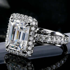 Premium <b>Emerald</b>-Cut Moissanite Halo Engagement <b>Ring</b> 925 Sterling <b>Silver</b> Prong Setting Elegant Bridal Band Rhodium Plated - Product Image 4