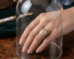 <b>Opal</b> Platinum Gold Plated Oval Gemstone <b>Ring</b> with CZ Halo Luxury Boho Spiritual Statement Wedding Engagement Cut Gift for Women - Product Image 2