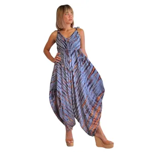 Combinaison Bohème Gris Bleu Tie-Dye pour Femme, Sans Manches, Col en V, Bretelles Ajustables, Coupe Ample et Fluide, Tenue de Plage - Product Image 1