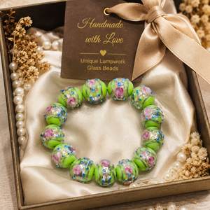 Perles en verre de qualité supérieure vert citron pour gâteau de mariage, 12 mm, faites à la main, en cristal filé au chalumeau, avec spirales argentées et accents floraux roses, pour la fabrication de bijoux - Product Image 6