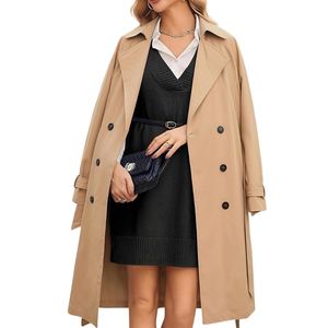 Manteau long trench-coat beige chaud personnalisé à double boutonnage avec ceinture, en polyester tissé, résistant au vent, de haute qualité - Product Image 3