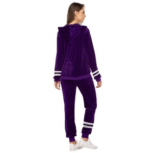 Ensemble de survêtement en velours violet pour femmes, à capuche, manches longues, couleur unie, tenue de jogging décontractée avec poches latérales et cordon de serrage - Product Image 2