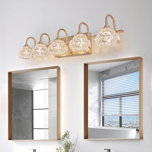 Lampada da Bagno Moderna in Cristallo da 29 Pollici, Elegante Illuminazione a Parete con 5 Applique Dorate e Paralumi in Vetro Trasparente - Product Image 3