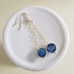 Boucles d'oreilles pendantes en forme de pièce de monnaie en saphir, pierre précieuse naturelle bleue, plaqué or rose, bijoux faits à la main pour femmes - Product Image 2