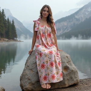 Young Girl's Boho Casual Dress Lightweight Cotton Square Neck Relaxed Fit Red <b>Yellow</b> Orange Florals Bow <b>Tie</b> Strap for Resort - Product Image 1