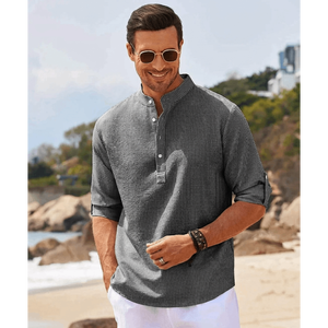 <b>Mens</b> Textured Stripe Mandarin Collar Casual Shirt <b>Roll</b> Up Sleeve Summer <b>Top</b> - Product Image 6