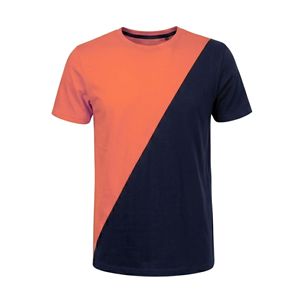 Camiseta de Dos Tonos con Corte Geométrico Diagonal, Color Durazno y Azul Marino en Contraste, Corte Cuadrado, Algodón Grueso, Estilo Urbano, Camisas Casuales para Hombre - Product Image 1