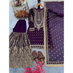 Conjunto de Top y Pantalones Plazzo de Georgette Sintético de Alta Calidad con Dupatta, Estilo Festivo, Hecho de Tela de Chifón - Product Image 4