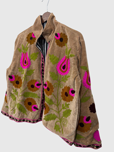 Veste en velours brodée à la main avec des motifs floraux, manches longues, col montant, style chic prairie pour adultes, tenue d'automne - Product Image 3