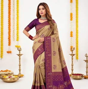 <b>Purple</b> Beige Silk <b>Saree</b> Traditional Print Sun Protection All Seasons Wedding Women's Floor-Length Regular Fit India Pakistan - Product Image 4
