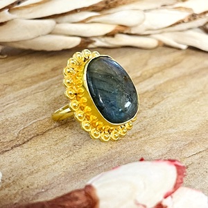High Demand Boho Labradorite <b>Ring</b> Vintage Brass <b>Rings</b> for Women 18k Gold Plated Beaded Tribal <b>Statement</b> for Wholesale/OEM/ODM - Product Image 5