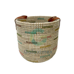 Round Seagrass Storage <b>Baskets</b> <b>with</b> Leather <b>Handles</b> Woven Handcrafted <b>Baskets</b> Made in Vietnam Seagrass Planter Pots - Product Image 1