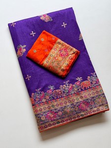 Sari de Seda Pura Rajwadi Pashmina con Borde de Zari Pesado Tejido con Hilo, Tradicional para Mujer, de Secado Rápido y Sin Arrugas - Product Image 4