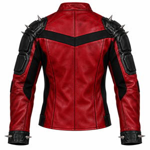 Chaqueta Bomber de Cuero Genuino Roja y Negra para Hombre, Cuello Alto, con Tachuelas, Cierre de Cremallera, Ajustada, Transpirable, Ecológica, Informal, de Invierno - Product Image 2