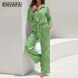 Ensemble chemisier et pantalon pour femme, coupe ample, élégant, décontracté, à manches longues, à rayures feuilles, nouvelle collection printemps-été - Product Image 5