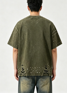 Camiseta de Hombre de Alta Calidad con Bordado Personalizado y Pedrería, Estilo Vintage, Lavado Ácido, Desgastada, Oversize, Streetwear, Venta al por Mayor, Ropa OEM - Product Image 4