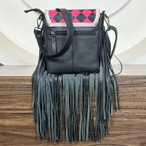 Trendy Hand <b>Tooled</b> Checkered Leather Crossbody Fringe Bag for Women Western Style Shoulder Purse Boho Cowgirl Fashion Accessory - Product Image 6