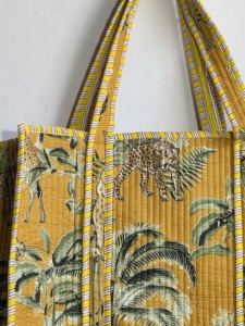 <b>Yellow</b> Leopard Print Quilted Tote <b>Bag</b> Cotton Fabric Bohemian Style Open Top Summer Shopping <b>Bag</b> - Product Image 3