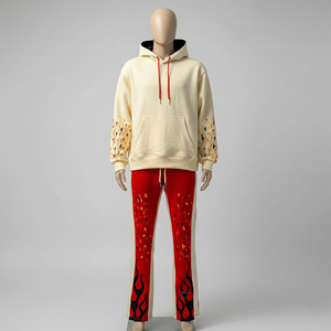 Ensemble de survêtement streetwear personnalisé 100 % coton pour homme, avec sweat à capuche et pantalon patchwork, joggers empilés évasés, deux pièces - Product Image 4
