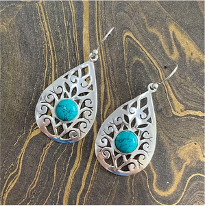 Dainty <b>Solid</b> 925 <b>Silver</b> Turquoise Gemstone Drop <b>Earrings</b> Traditional Filigree High Polished Jewelry Occasion Wear - Product Image 2