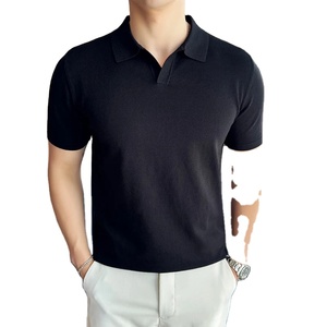 Polo de manga corta para hombre de alta elasticidad 2025, Camiseta de punto con solapa informal sólida ligera de seda helada de verano, ropa para hombre - Product Image 2