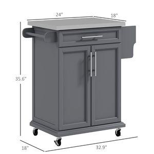 Isola da Cucina Moderna Portatile su Ruote Grigia con Cassetto, Piano in Acciaio Inox, Carrello Utilitario in Quercia con Portasciugamani e Portaspezie - Product Image 3