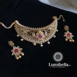 Floral Ruby American Diamond Brass Choker and Earring Wedding Bridal Set - Product Image 1