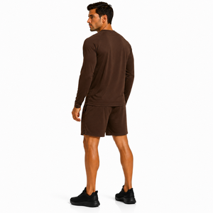 High Quality Men Short <b>Set</b> Plain Stretch Long Sleeve Crew Neck Top Matching Shorts Two Piece Short <b>Set</b> Solid Color Active Wear - Product Image 4