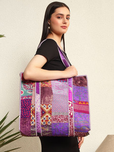 Beautiful Large Cotton Quilted Women Purple Ethnic Motifs Patchwork Quilted <b>Tote</b> <b>Bag</b> Reusable Eco Friendly Grocery Shopping <b>Bag</b> - Product Image 2