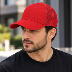 Casquette de baseball unisexe rouge à 6 panneaux en maille respirante avec visière incurvée et réglable - Product Image 4