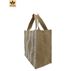 Sac fourre-tout en jute naturel et PP, imprimé Lei blanc des deux côtés, 27x31x16 cm, poignées en ruban de coton de 40 cm, logo personnalisé, commandes en gros - Product Image 3