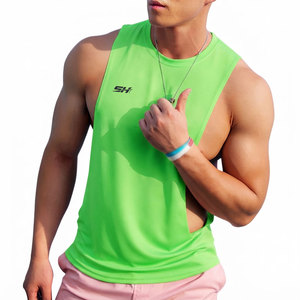 Camiseta sin mangas para gimnasio con aberturas profundas para hombre, chaleco de entrenamiento muscular, venta al por mayor, precio económico, camiseta sin mangas de tela de poliéster transpirable - Product Image 1