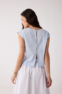 Top sin mangas con cuello en V y rayas azules para mujer |   Blusa de Oficina de Corte Regular 100% Algodón para Todas las Temporadas, Fabricante OEM ODM, Ecológica - Product Image 4