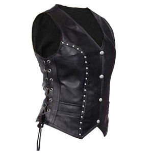 Gilet en cuir fabriqué en usine, style motard col en V avec rivets et laçage latéral, coupe classique, vêtement d'extérieur automne-hiver, vente en gros - Product Image 3