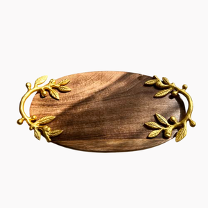 Plateau de service en bois finition noyer clair, avec feuilles en aluminium laiton antique pour les coins, pour la vente en gros - Product Image 5