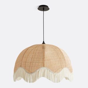 Lampe suspendue vintage en tissu avec abat-jour à franges bleu nuit, lampe de plafond suspendue rétro à bord festonné pour salon, café - Product Image 2