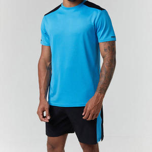 mens bright blue black panel performance <b>short</b> sleeve <b>tshirt</b> matching <b>shorts</b> 2 piece <b>set</b> athletic gym workout outfit - Product Image 1