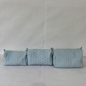 Ensemble de trousses de maquillage en coton matelassé à rayures bleues, sac cosmétique, organiseur de voyage, trousse de toilette, trousse à fermeture éclair - Product Image 2