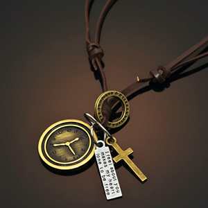 Gold Plated Stainless Steel <b>Cross</b> Number Pendant with Adjustable Leather Rope for <b>Men</b> and Boys - Product Image 4