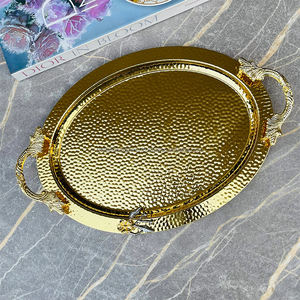 Plateau de service turc doré pour thé et café Plateau traditionnel avec poignées avec motif gravé en métal poli - Product Image 1