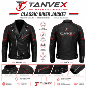 TANVEX <b>Racer</b> Pro Men's Winter Leather Jacket Black Red White Stand Collar Eco-Friendly Customized Fabric Moto Biker Style Zipper - Product Image 2