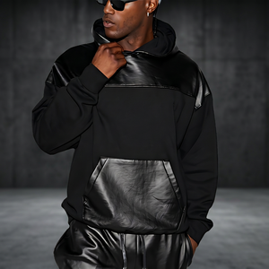 Sweat à capuche pour homme, couleur noire, design bicolore, manches régulières, tricot en molleton français, vêtement d'automne - Product Image 2