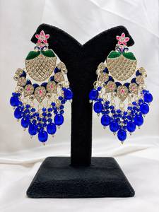 Indian Traditional Meenakari Peacock <b>Earrings</b> <b>Gold</b> Plated Kundan Statement Chandelier <b>Dangle</b> <b>Earrings</b> with Blue Crystal Beads - Product Image 1