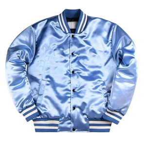 Chaqueta Varsity Azul Claro Satinado para Hombre, Estilo Preppy, Corte Regular, Cuello Camisero, Cierre de Botón, Poliéster, Informal, para Otoño - Product Image 1