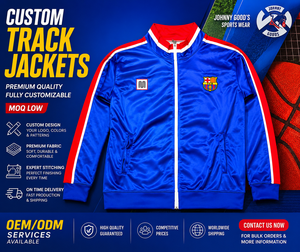 Chaqueta Deportiva Personalizada con Bordado de Johnny Good's Sports Wear para Hombre, Azul, Rojo, Blanco, Satén, Cierre de Cremallera, Estilo Deportivo, OEM, ODM Disponible - Product Image 1