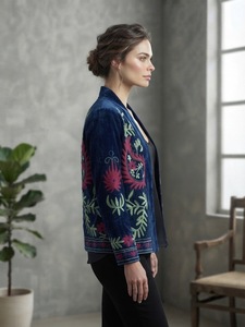 Blouson Bomber Élégant en Velours Brodé pour Femme, Col Montant, Motifs Floraux Faits Main, Style Ethnique Bohème, Séchage Rapide, Manches Longues, Coupe Standard - Product Image 4