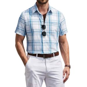 Chemise à carreaux boutonnée 100 % coton teint en fil respirante col rabattu manches courtes chemises à carreaux personnalisées - Product Image 2