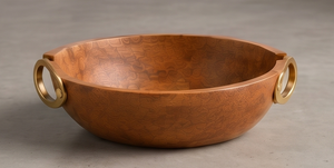 Bol de service rond en bois de manguier finition noyer avec poignées latérales métalliques modernes - Product Image 3