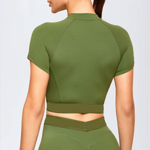 Women Ribbed Compression Half Zipper Slim <b>Fit</b> Sports Gym Athletic Breathable Quick Dry Summer Solid Color <b>Crop</b> <b>T</b>-<b>Shirt</b> Top - Product Image 5