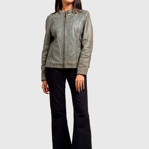 Women's Olive Genuine <b>Leather</b> Moto <b>Jacket</b> Full Sleeve Stand Collar Zipper Closure Autumn Style - Product Image 3